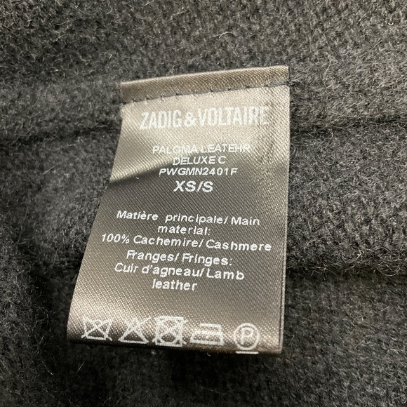 ZADIG & VOLTAIRE BLACK CASHMERE KNIT SWEATER WITH LAMB LEATHER FRINGE PALOMA CAR - Picture 5 of 5